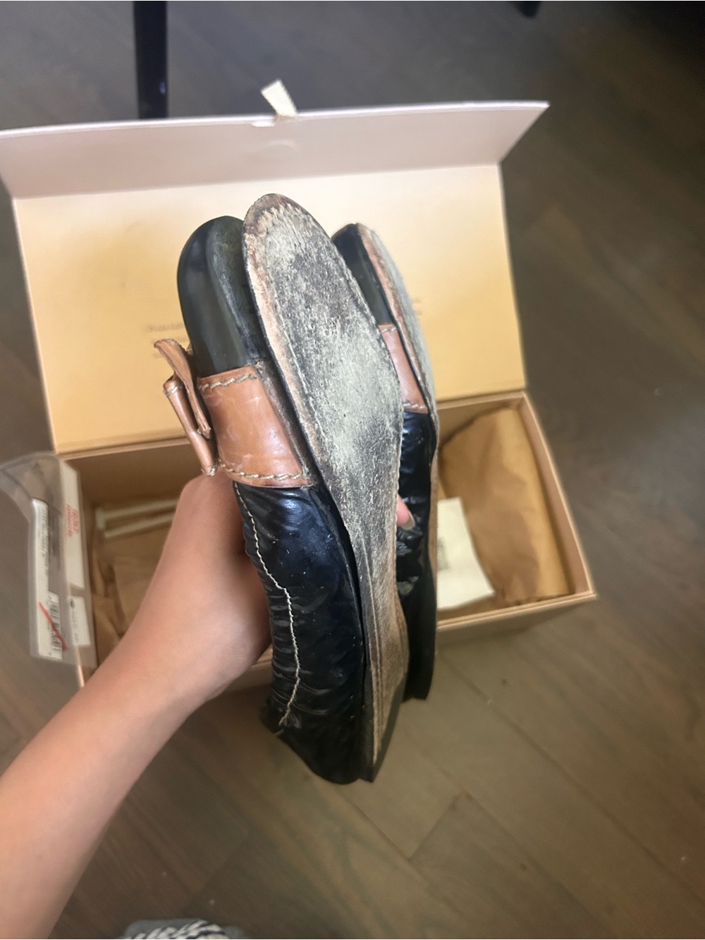 Prada Black Leather Ballet Flats with Tan Bow Accent - Picture 5 of 5